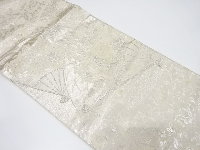 アンティーク　扇面に花車・古典柄織り出し袋帯（材料）